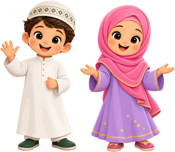 The two guides: a boy in a thobe and kufi waving, and a girl in a hijab, smiling.
